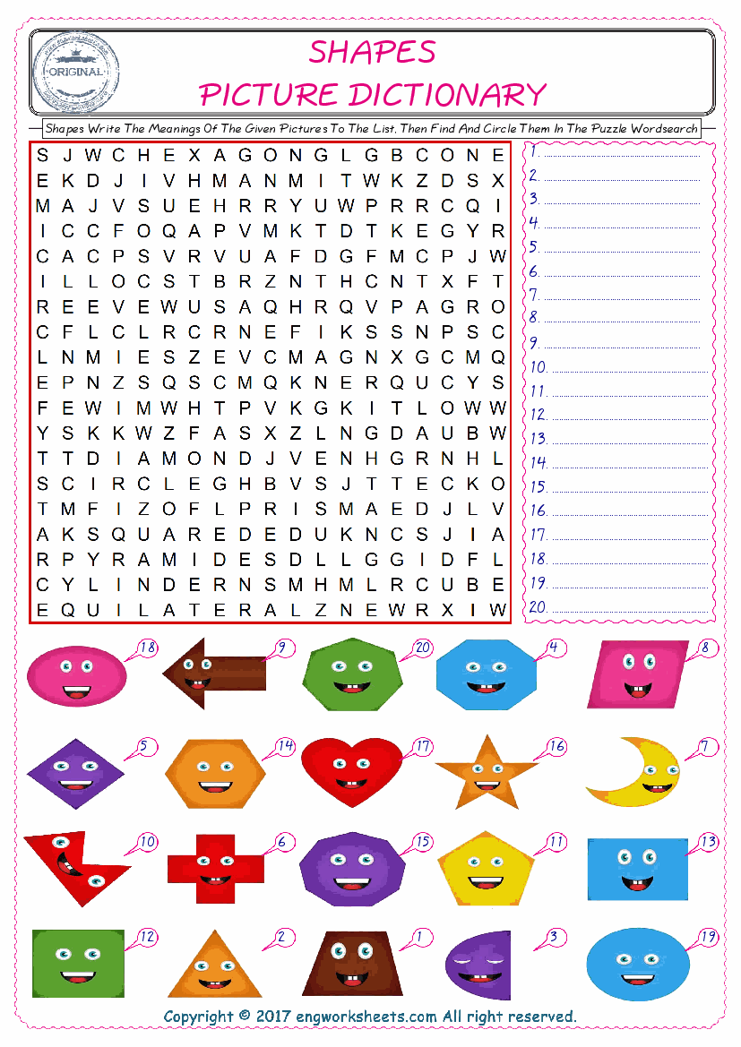  For kids, check the picture of Shapes find, and write the word and find it in the word puzzle ESL printable worksheet. 